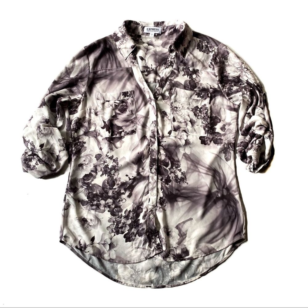 Express Sheer Floral Pattern Button Down Small
